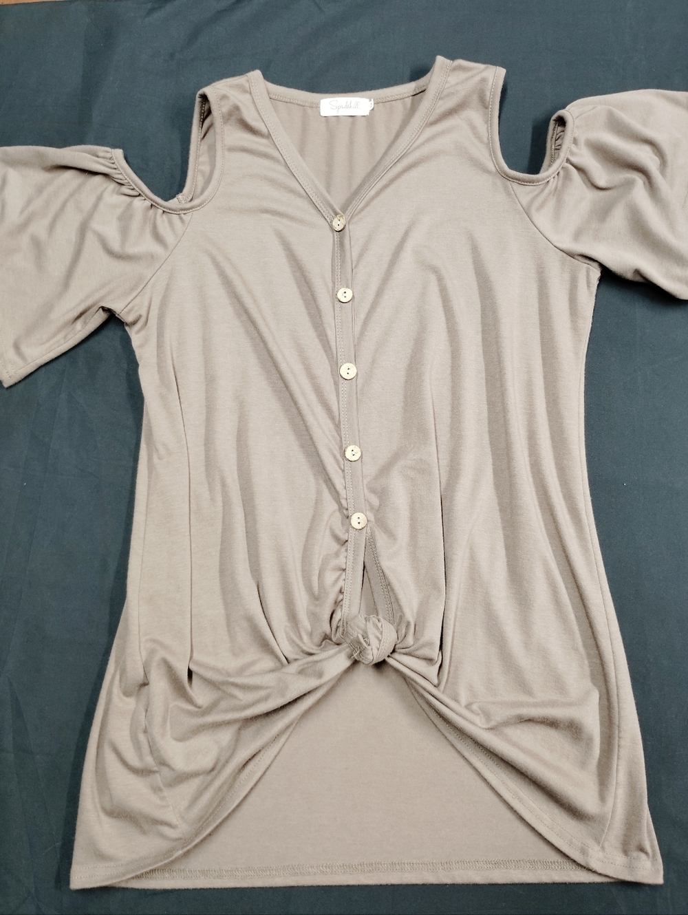 Spadehill Cold-Shoulder Knot Front Top in Taupe